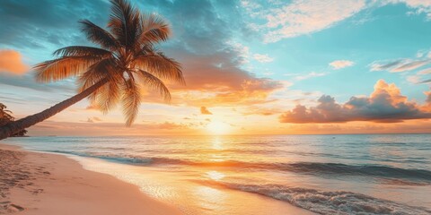 Poster - Stunning and picturesque sunset at the beach showcases the beauty of nature. Experience the serene atmosphere this beautiful sunset at the beach offers, perfect for relaxation and awe.