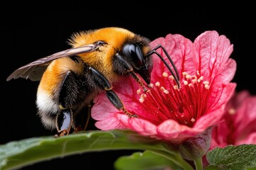 Wall Mural - vivid macro shots of a bumblebee on a flower, illustrating pollination processes in rich detail