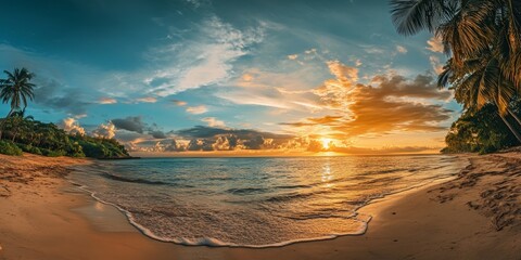 Poster - Stunning and picturesque sunset at the beach showcases the beauty of nature. Experience the serene atmosphere this beautiful sunset at the beach offers, perfect for relaxation and awe.