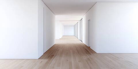 Poster - Minimalist interior decor highlights spacious empty walls paired with warm wooden flooring, creating a simple yet stylish aesthetic that emphasizes openness and tranquility.