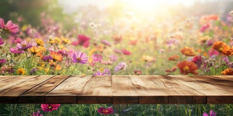 Poster - Wood table top with an abstract blur flower field backdrop, creating a perfect setting for showcasing the beauty of the wood table top amid vibrant floral hues.