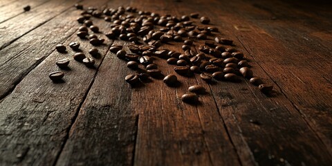 Poster - Coffee beans scattered across a wooden floor create a rich, inviting atmosphere. The texture of the wooden floor enhances the natural beauty of the coffee beans, emphasizing their warmth and appeal.