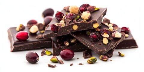 Poster - Close up shot of a broken chocolate bar featuring cranberries, hazelnuts, and pistachio, showcasing the delightful mix of flavors in the broken chocolate bar against a clean white background.