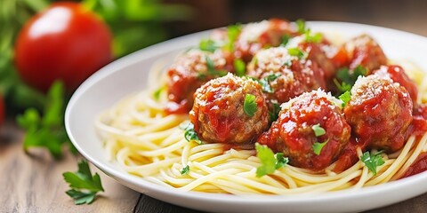 Poster - Selective focus on spaghetti meatballs served with sauce on a white plate, showcasing a classic Italian food style that highlights the deliciousness of spaghetti meatballs in every bite.