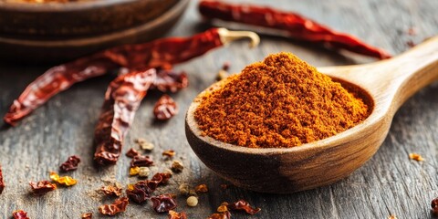 Aufkleber - Chili powder in a wooden spoon alongside dried peppers creates a vibrant scene on a grey wooden table, highlighting the rich color and texture of chili powder and dried peppers.