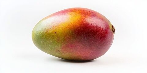 Poster - Isolated ripe mango rests on a white background, showcasing its vibrant color and unique texture. This ripe mango stands out with a soft shadow, highlighting its freshness and appeal.