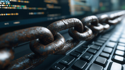 Poster - Cybersecurity & Digital Chains:  A close-up shot of a heavy rusty chain lying across a laptop keyboard with code on the screen behind it.