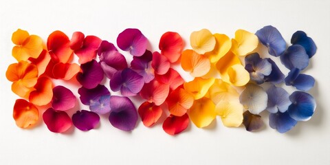 Poster - A grouping of colorful petals arranged against a white backdrop creates a vibrant and appealing visual contrast in this collection of petals on a white surface.