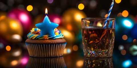 Poster - Cupcake featuring a blue star shaped candle sits beside a glass of brown liquid, highlighting the festive party atmosphere. This cupcake design perfectly complements the colorful balloons and lights,
