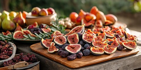 Poster - Dried figs and fresh fruit beautifully arranged on a wooden table create a delightful presentation. The combination of dried figs and fresh fruit enhances the rustic charm of the setting.