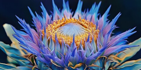 Poster - Vibrant flower head of wild thistle showcasing intricate details, epitomizing the natural beauty and unique characteristics of the wild thistle species in its organic habitat.