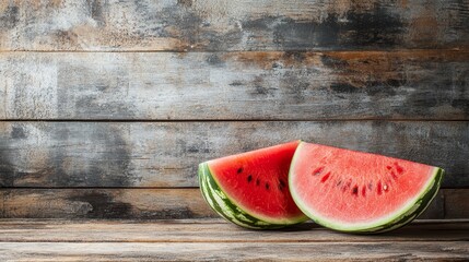 Poster - Watermelon placed on a wooden background, showcasing the freshness of watermelon amidst a natural setting. This image captures the essence of watermelon in a rustic environment.