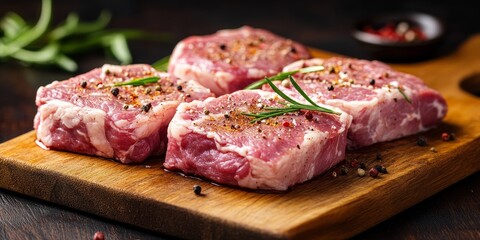 Aufkleber - Fresh raw meat steaks seasoned with aromatic spices placed on a wooden cutting board, showcasing the vibrant colors and textures of raw meat steaks ready for culinary preparation.