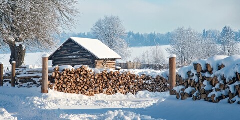Poster - A winter landscape features snow covered ground and neatly stacked firewood, which is intended for use as a heat source during the cold season.