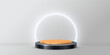 © backup16 - 3d black and wooden product podium with white circle neon shiny frame vector illustration. Abstract stand pedestal of round geometric shape for luxury product presentation isolated on gray background.