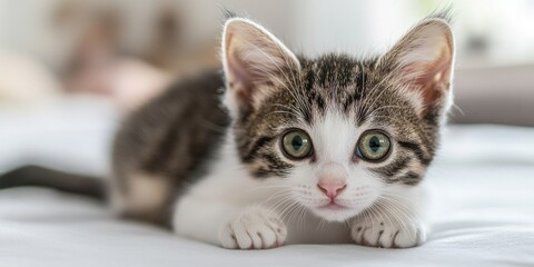 Poster - Charming cute cat with striking green eyes rests on a white surface. This cute kitten embodies the essence of the adorable pets shop theme, perfect for showcasing cute cat imagery.