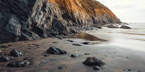 Poster - The shoreline features a black coastline characterized by rocky formations situated close to the sandy beach. The contrast of the black coastline and the beach is striking.