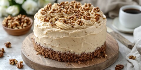 Aufkleber - Indulge in a delightful frosted coffee and walnut cake, a perfect treat for coffee lovers. This frosted coffee and walnut cake combines rich flavors for a truly satisfying dessert experience.