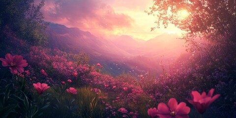 Poster - The stunning red pink misty purple flowers are blooming beautifully, creating an amazing scenery surrounded by lush green nature and an open sky illuminated by the shining sun.