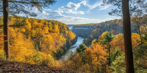 Aufkleber - Vibrant trees display stunning autumn colors in an expansive wooded area, providing a breathtaking view of the gorge, where the beauty of trees captivates nature enthusiasts.
