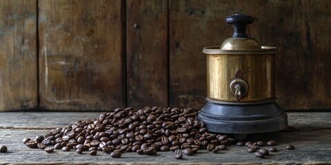 Aufkleber - Coffee beans paired with a vintage brass grinder set on a wooden table, showcasing the rich textures of coffee beans with ample copy space for creative designs. Perfect for coffee themed projects.