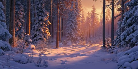 Poster - Serene evening ambiance in a winter forest, showcasing the tranquility and beauty of the winter forest, where nature s stillness creates a captivating winter forest scene.