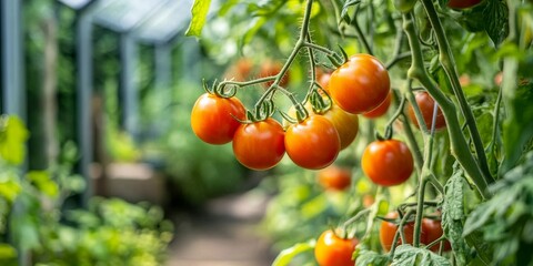 Poster - The theme of summer encompasses gardening, healthy food, and ecological products, showcased by a tidy greenhouse growing vibrant tomatoes, highlighting the essence of summer gardening.
