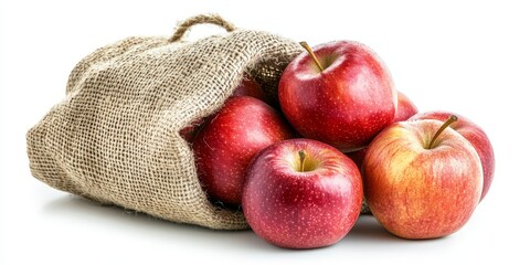 Poster - A close up of several ripe sweet red apples placed beside a jute sack, isolated on a clean white background, highlighting the vibrant colors and natural textures of the sweet red apples.