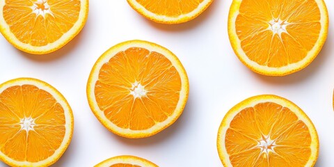 Poster - Macro image showcasing vibrant ripe orange slices arranged over a clean white background, highlighting the juicy texture and bright color of ripe oranges in stunning detail.