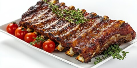 Poster - Meat food featuring a roasted rib prominently displayed on a white dish, garnished with thyme, pepper, and tomato, isolated against a clean white background, highlighting the delicious meat food.