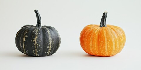 Poster - Two small decorative pumpkins are set against an isolated white background, showcasing the charm of decorative pumpkins in a minimalist setting perfect for seasonal themes.