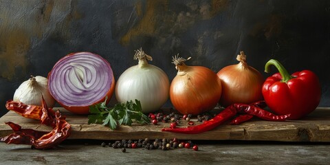 Aufkleber - Fresh ingredients featuring onion, red pepper, and pepper tincture create a vibrant composition. This image showcases the beauty and versatility of onion, red pepper, and pepper tincture in culinary