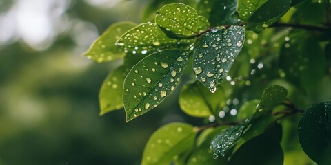 Aufkleber - Close up view of rain drops on a tree in a wooded area, highlighting the beauty and serenity created by the rain drops on the tree s leaves and branches. Rain drops enhance the natural scene.