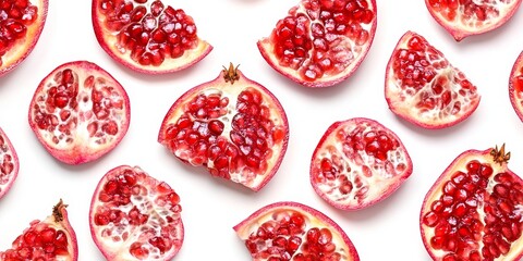 Poster - Isolated pomegranate slices displayed beautifully against a white background, showcasing the vibrant color and texture of pomegranate slices in an eye catching composition.