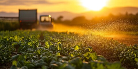 Poster - Automatic sprinkler system irrigating vegetables on a farm, with a blurred truck in the background and a sunset. This image captures the essence of organic agriculture and green plants farming.