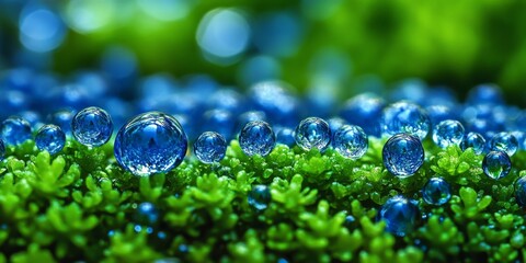Aufkleber - A detailed view of blue water droplets glistening against a backdrop of vibrant green nature. These blue droplets create a striking contrast with the lush green scenery.