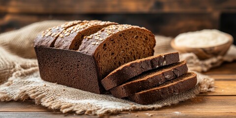 Poster - Fresh slices of rye bread made with flour displayed on a wooden table create a rustic atmosphere. Rye bread promotes healthy eating and enhances any food background with its wholesome appeal.