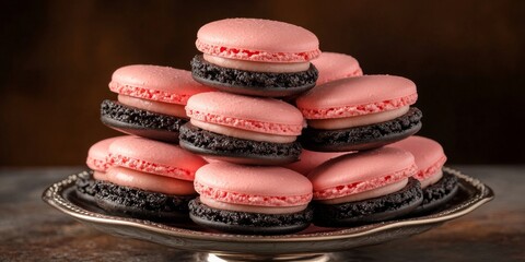 Poster - Delightful pink macaroons paired with rich black cookies create a visually appealing dessert arrangement featuring exquisite pink macaroons and indulgent black cookies for all to enjoy.