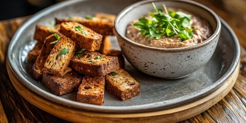 Aufkleber - Fried buckwheat croutons served with homemade pate create a delightful dish on a wooden table. Enjoy the rich flavors of fried buckwheat croutons paired perfectly with the cooked pate.