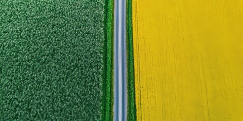 Poster - Aerial view showcasing the road dividing vibrant green and yellow fields. This agriculture drone shot captures the beauty of canola and rapeseed fields alongside lush green crops, highlighting ecology
