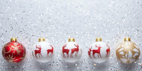 Poster - Gold and white Christmas ornament balls featuring red animal figures are showcased against a shiny silver glitter background. The vertical orientation highlights the festive gold and white design with