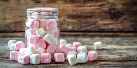 Poster - Colorful pink and white marshmallows are cascading from a storage jar, creating a delightful scene against an aged wooden backdrop. The vintage effect enhances the charm of these marshmallows.