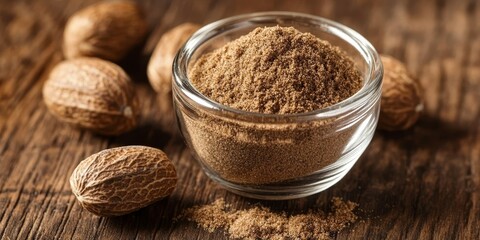 Poster - Close up of nutmeg, also known as Myristica fragrans, displayed in a glass container alongside its powder on a wooden surface, highlighting the rich texture and color of nutmeg.
