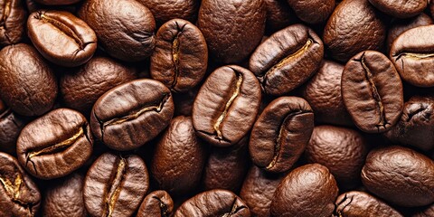 Poster - Roasted coffee beans create a captivating background, offering ample space for text. Featuring roasted coffee beans, this image highlights the rich texture and aroma associated with roasted coffee
