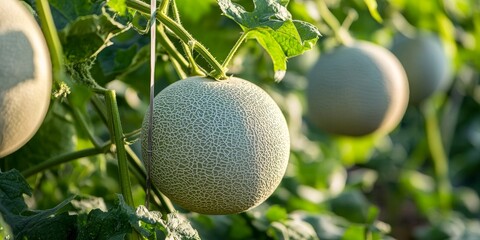Poster - Cantaloupe growing on a vine showcases the beauty of fresh cantaloupe in a garden setting. This image highlights the vibrant cantaloupe and its natural growth on the vine in a garden environment.