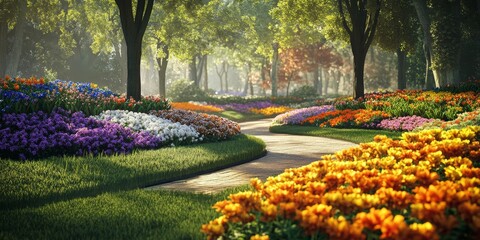 Poster - Vibrant flowers and lush nature create a stunning scene in the park, showcasing the beauty of flowers and nature in harmony within this serene environment. Experience the essence of flowers and nature