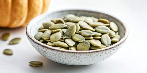 Aufkleber - Pumpkin seeds are arranged in a small bowl on a white table, showcasing a healthy snack option. This pumpkin seeds image emphasizes a diet concept with copy space and selective focus.