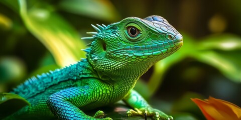 Aufkleber - Stunning closeup of a beautiful lizard showcasing vivid green colors and intricate textures, highlighting the remarkable features of this beautiful lizard in its natural habitat.