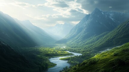 Aufkleber - Scenic landscape featuring majestic mountains, showcasing the beauty of nature in a picturesque setting, ideal for capturing the essence of a serene mountainous landscape.