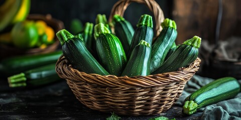 Poster - A variety of fresh green zucchini courgettes gathered in a woven basket placed on a dark wooden table, showcasing the freshness and appeal of zucchini courgettes in a rustic setting.